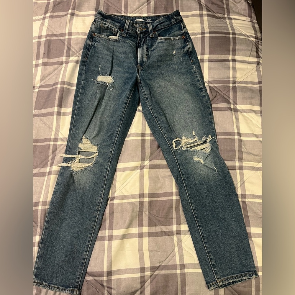 Old Navy Women's Blue Denim Jeans O.G. Straight High Rise, Distressed, Size 2